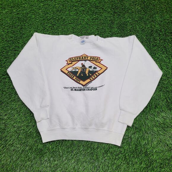 Vintage 90s St-Maarten Elephant-Polo Sweatshirt L/XL 23x24 USA - Picture 1 of 13